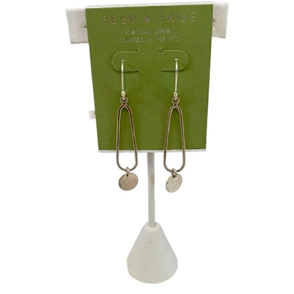 Seed & Sage Hammered Silver Toned Long Drop Small Disc Earrings.
